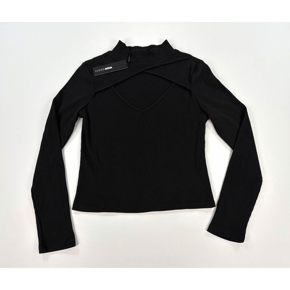 Fashion Nova Don't Cross Me Cutout Black Long Sleeve Waffle Knit Top Women's L